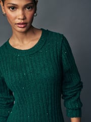 Blue Teal Sequin Sparkle Ribbed Fit And Flare Mini Knitted Jumper Dress With Wool - Image 3 of 6