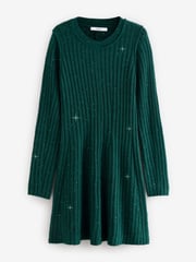 Blue Teal Sequin Sparkle Ribbed Fit And Flare Mini Knitted Jumper Dress With Wool - Image 4 of 6
