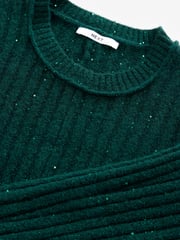 Blue Teal Sequin Sparkle Ribbed Fit And Flare Mini Knitted Jumper Dress With Wool - Image 5 of 6