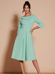 Jolie Moi Green 3/4 Sleeve Fold Neck Midi Dress - Image 1 of 6