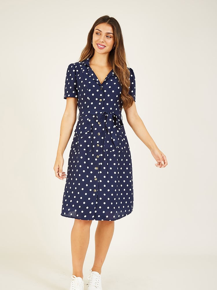 Yumi Blue Spot Retro Shirt Dress - Image 1 of 4