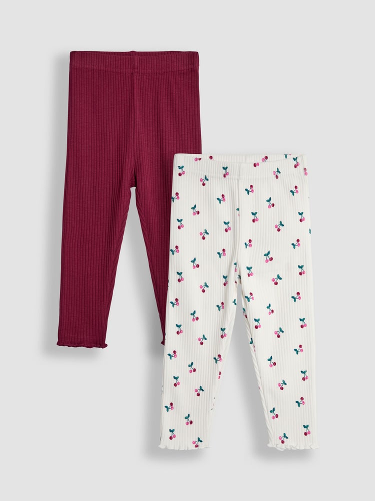 JoJo Maman Bébé Cream Cherry Rib Frill Leggings 2 Pack - Image 1 of 7
