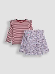 JoJo Maman Bébé Purple 2-Pack Ditsy Floral & Stripe Frill Tops - Image 1 of 5