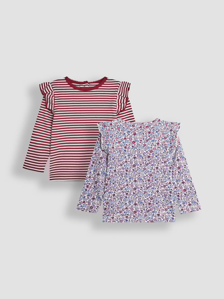 JoJo Maman Bébé Purple 2-Pack Ditsy Floral & Stripe Frill Tops - Image 1 of 5