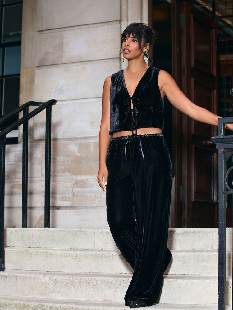Black Velvet Wide Leg Trousers - Image 1 of 7