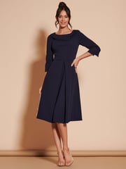 Jolie Moi Navy Blue 3/4 Sleeve Fold Neck Midi Dress - Image 3 of 6