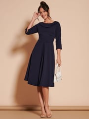 Jolie Moi Navy Blue 3/4 Sleeve Fold Neck Midi Dress - Image 5 of 6