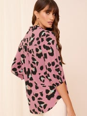 Love & Roses Pink Animal Ruffle V Neck 3/4 Sleeve Button Through Blouse - Image 3 of 4