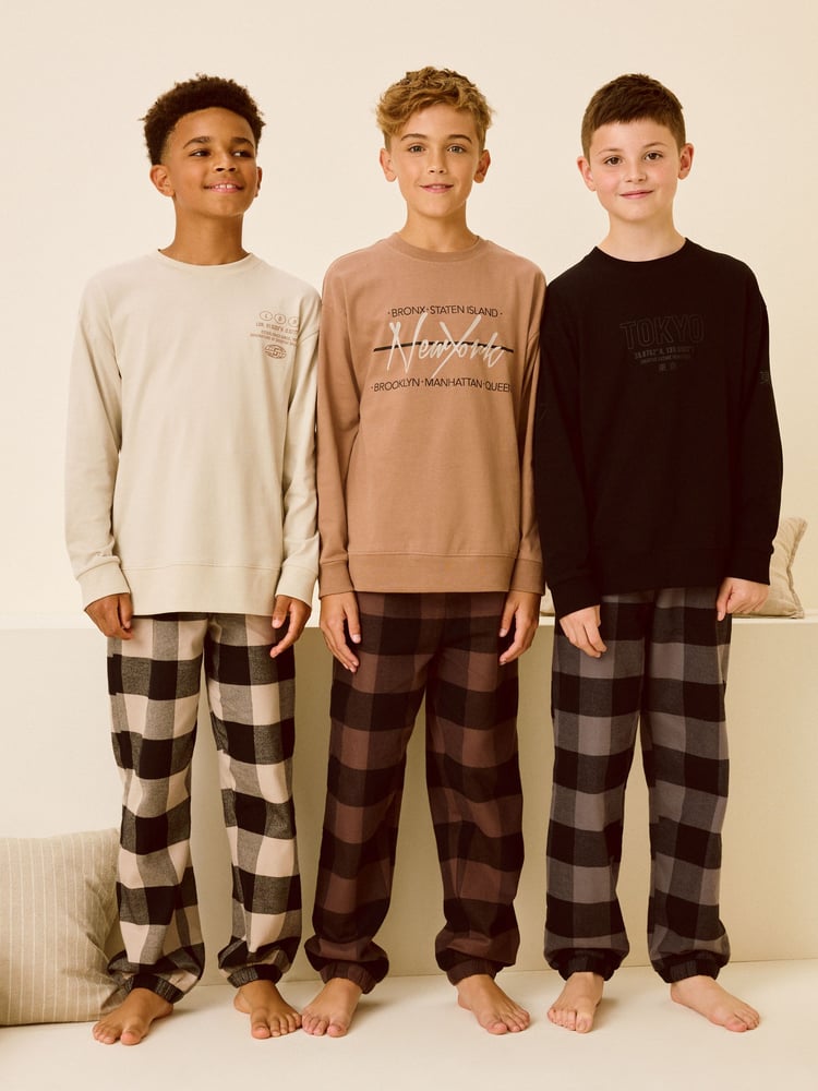 Neutral/Black Woven Check Pyjamas 3 Pack (3-16yrs) - Image 1 of 15