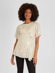JoJo Maman Bébé Champagne Gold Sequin Maternity Flutter Sleeve Top - Image 1 of 5