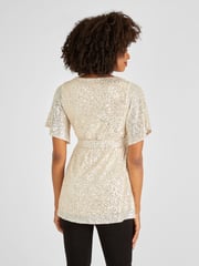 JoJo Maman Bébé Champagne Gold Sequin Maternity Flutter Sleeve Top - Image 2 of 5