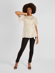JoJo Maman Bébé Champagne Gold Sequin Maternity Flutter Sleeve Top - Image 3 of 5