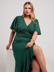 Yours Curve Green Angel Sleeve Gathered Wrap Dress - Image 1 of 5