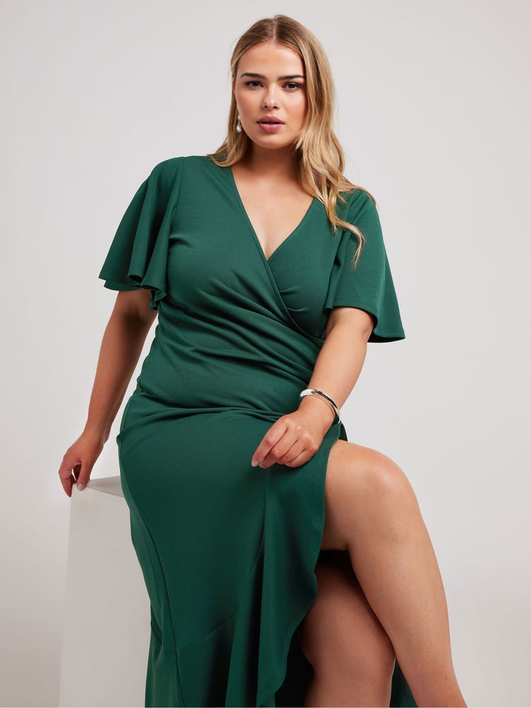 Yours Curve Green Angel Sleeve Gathered Wrap Dress - Image 1 of 5