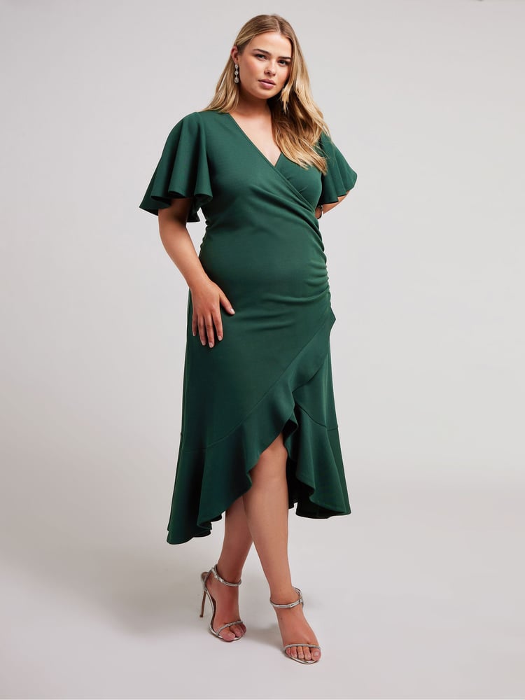 Yours Curve Green Angel Sleeve Gathered Wrap Dress - Image 2 of 5