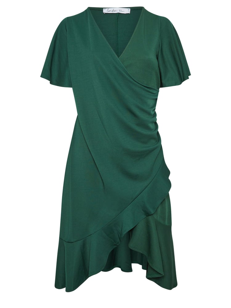Yours Curve Green Angel Sleeve Gathered Wrap Dress - Image 5 of 5