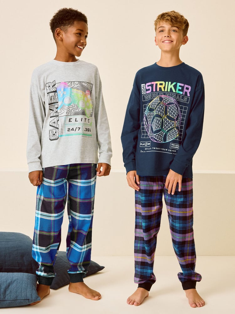 Multi Bright Gamer/Football 2 Pack Long Sleeve Woven Check 100% Cotton Pyjamas (3-16yrs) - Image 1 of 10