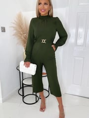 AX Paris Olive Green High Neck Long Sleeve Belted Jumpsuit - Image 1 of 4