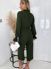 AX Paris Olive Green High Neck Long Sleeve Belted Jumpsuit - Image 2 of 4