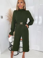 AX Paris Olive Green High Neck Long Sleeve Belted Jumpsuit - Image 3 of 4