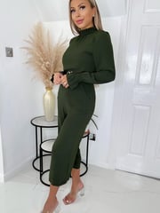 AX Paris Olive Green High Neck Long Sleeve Belted Jumpsuit - Image 4 of 4