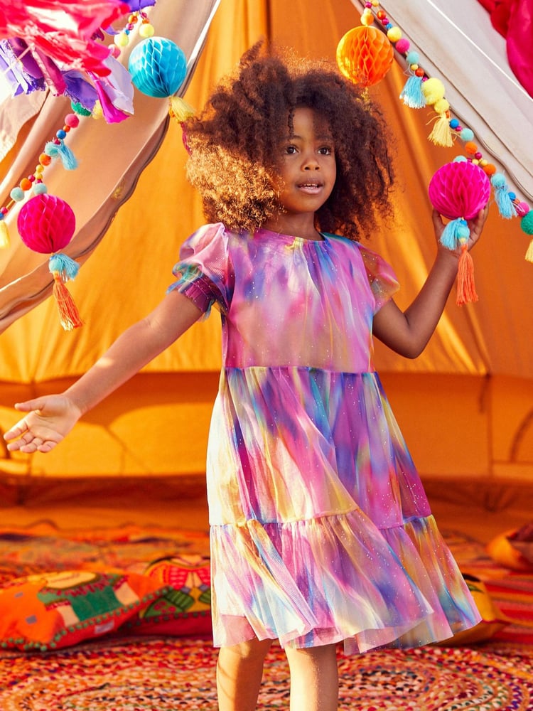 Pink/Purple Rainbow Sparkle Sparkle Mesh Short Sleeve Tiered Party Dress (3-16yrs) - Image 1 of 6