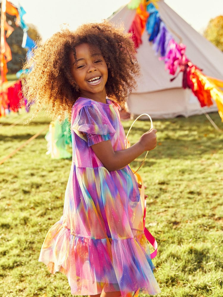 Pink/Purple Rainbow Sparkle Sparkle Mesh Short Sleeve Tiered Party Dress (3-16yrs) - Image 2 of 6
