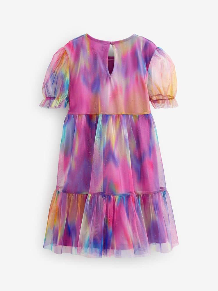 Pink/Purple Rainbow Sparkle Sparkle Mesh Short Sleeve Tiered Party Dress (3-16yrs) - Image 6 of 6