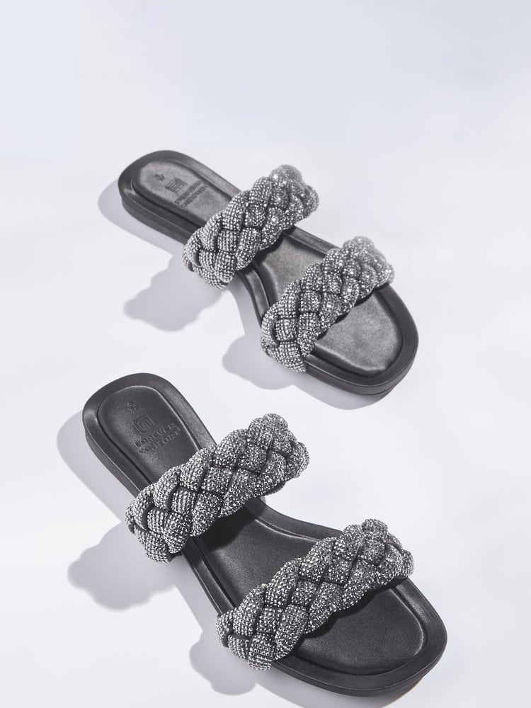 Black Forever Comfort® Jewelled Braided Sandals - Image 1 of 5