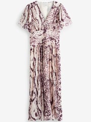 Cream Animal Pleated Short Sleeves Midi Dress - Image 5 of 5