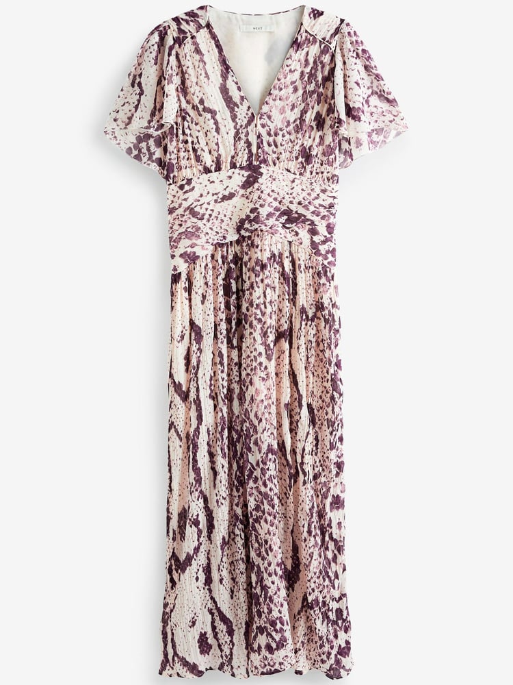 Cream Animal Pleated Short Sleeves Midi Dress - Image 5 of 5