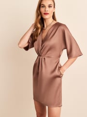 Bronze Brown Satin Draped Mini Dress - Image 1 of 5