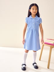 Mittelblau - Kleid für die Schule mit hohem Baumwollanteil, Vichykaros, Knopfleiste und Spitzenbesatz (3–14 Jahre) - Bild 1 von 6