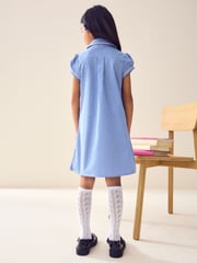 Mittelblau - Kleid für die Schule mit hohem Baumwollanteil, Vichykaros, Knopfleiste und Spitzenbesatz (3–14 Jahre) - Bild 3 von 6