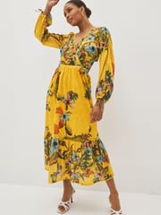 Yellow Floral Cut-Out V-Neck Long Sleeve Midi Dress - Image 1 of 5