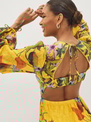 Yellow Floral Cut-Out V-Neck Long Sleeve Midi Dress - Image 3 of 5