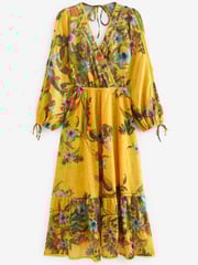 Yellow Floral Cut-Out V-Neck Long Sleeve Midi Dress - Image 5 of 5