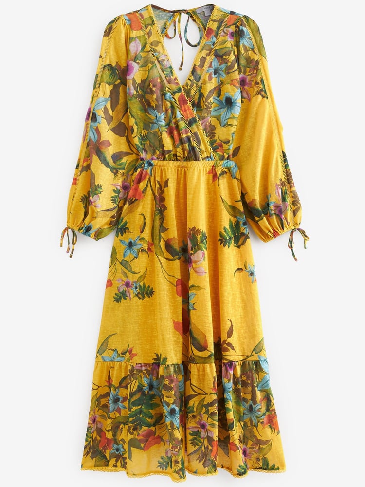 Yellow Floral Cut-Out V-Neck Long Sleeve Midi Dress - Image 5 of 5