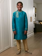 Teal Blue & Gold Regular Length Embroidered Boys Kurta (3-16yrs) - Image 1 of 8