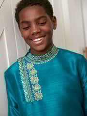 Teal Blue & Gold Regular Length Embroidered Boys Kurta (3-16yrs) - Image 3 of 8