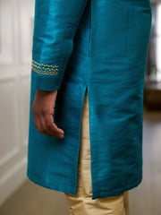 Teal Blue & Gold Regular Length Embroidered Boys Kurta (3-16yrs) - Image 4 of 8
