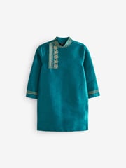 Teal Blue & Gold Regular Length Embroidered Boys Kurta (3-16yrs) - Image 5 of 8