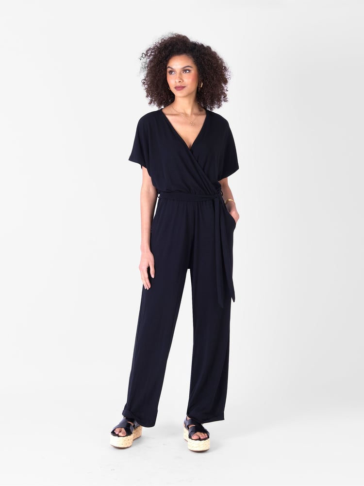 Ro&Zo Black Short Sleeve Wrap Jumpsuit - Image 1 of 5