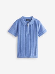 Blue Knitted Short Sleeve Textured Zip Neck Polo Shirt (3mths-7yrs) - Image 1 of 6
