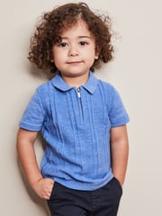 Blue Knitted Short Sleeve Textured Zip Neck Polo Shirt (3mths-7yrs) - Image 3 of 6