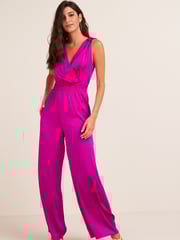 Bright Pink Satin V-Neckline Tie Back Wide Leg Jumpsuit - Image 1 of 4