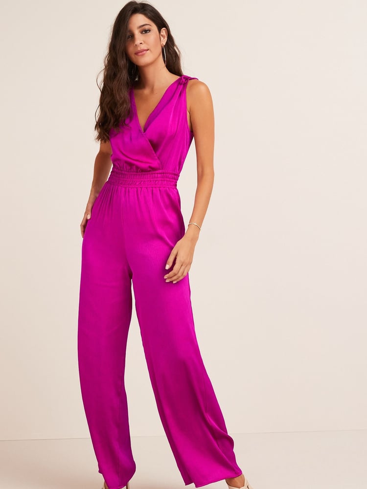Bright Pink Satin V-Neckline Tie Back Wide Leg Jumpsuit - Image 1 of 4