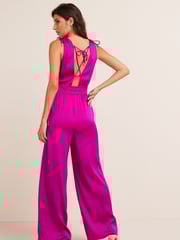 Bright Pink Satin V-Neckline Tie Back Wide Leg Jumpsuit - Image 2 of 4