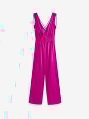 Bright Pink Satin V-Neckline Tie Back Wide Leg Jumpsuit - Image 4 of 4