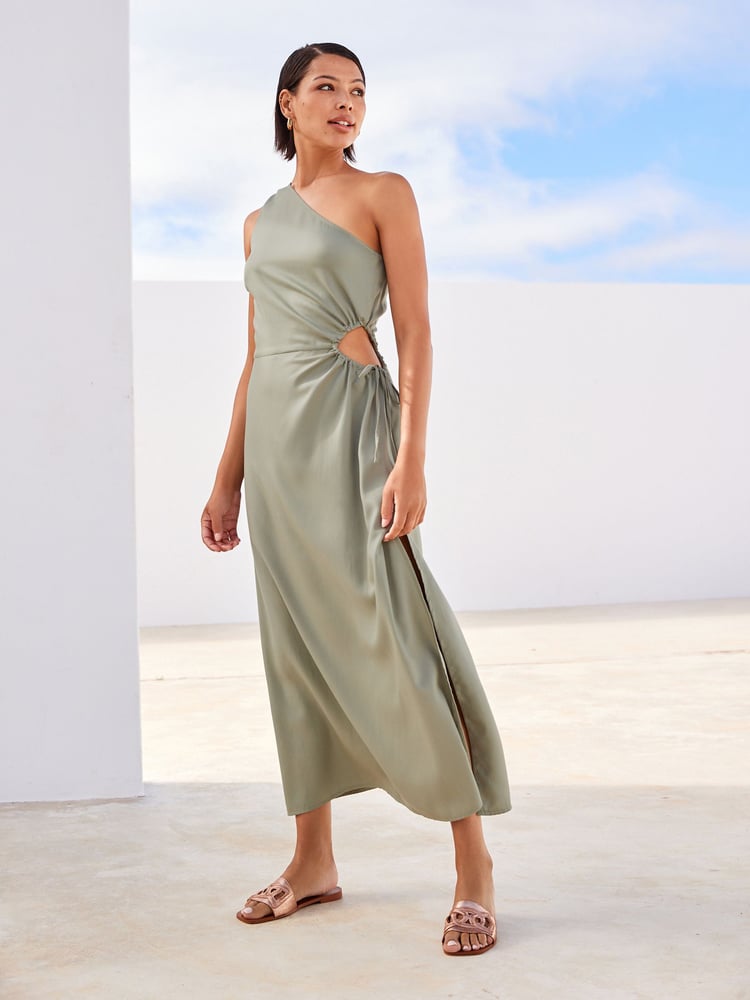 Sage Green One Shoulder Cut Out Midi Dress - Image 1 of 5